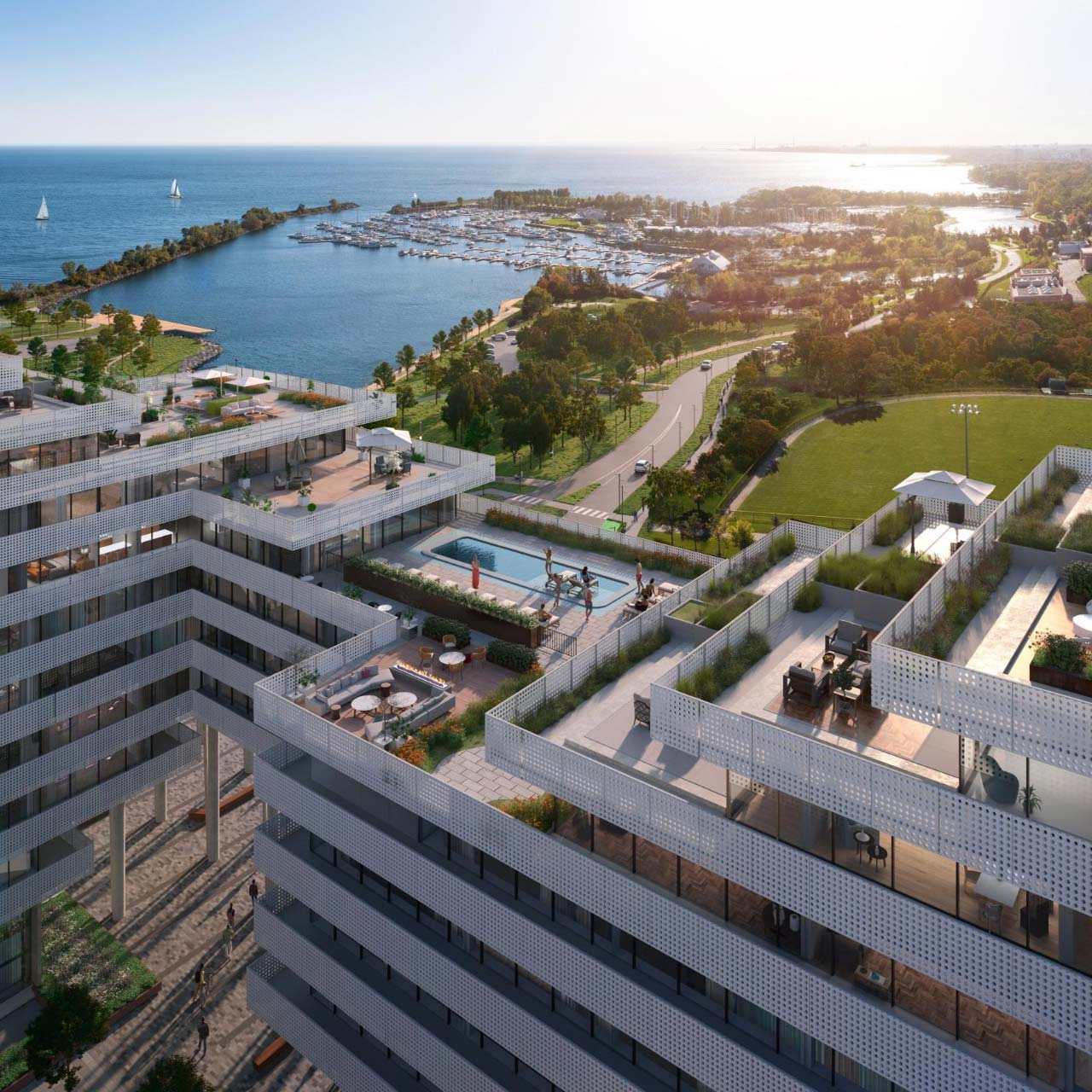 Harbourwalk at Lakeview Village Community — aerial rendering