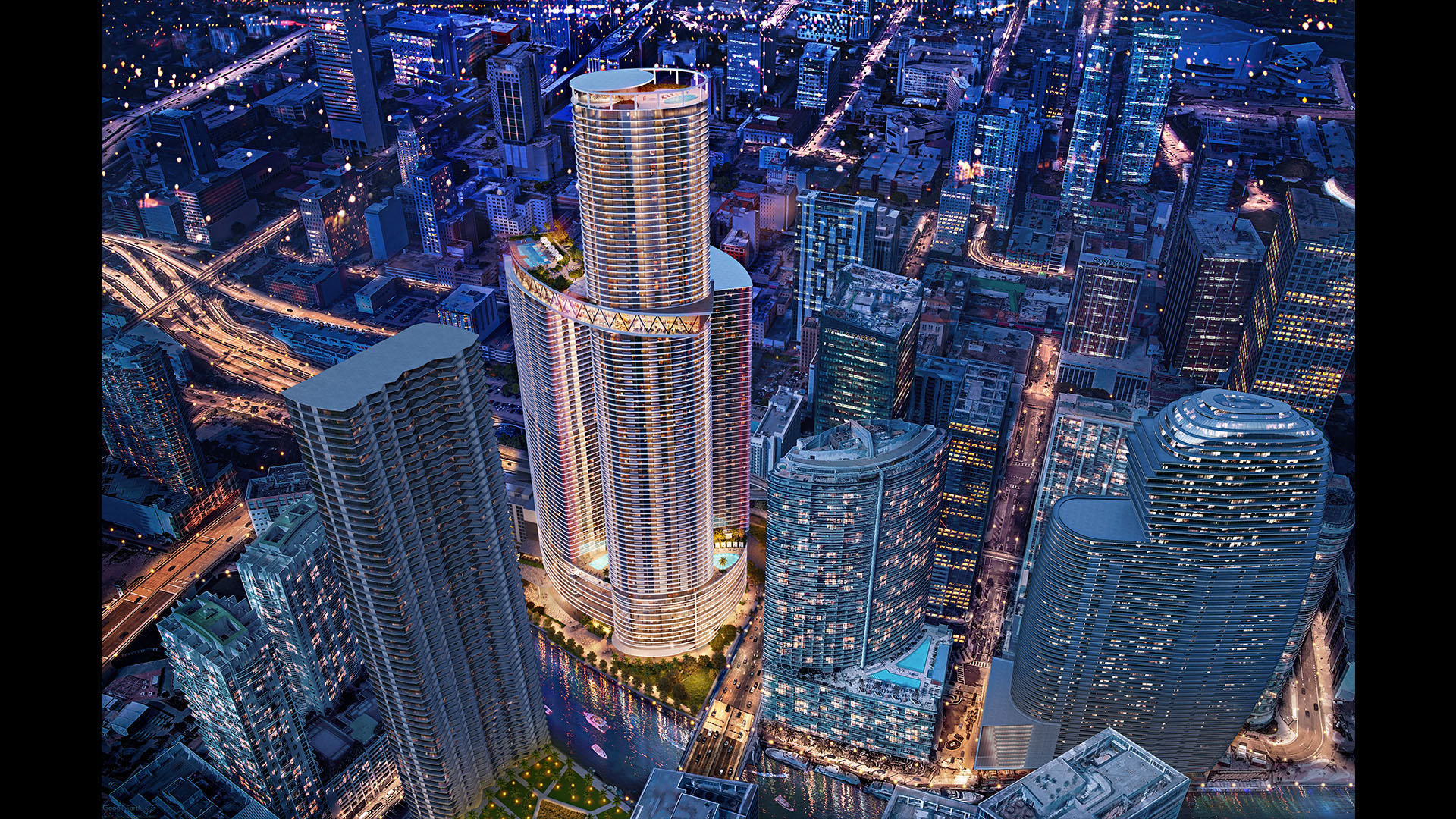Hyatt Miami Riverbridge — aerial rendering