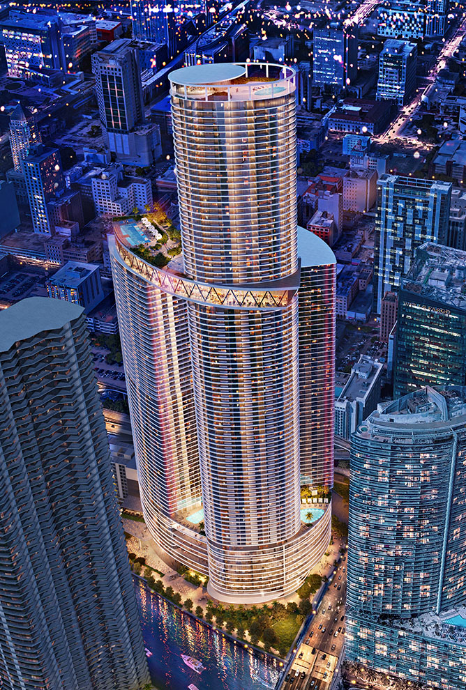 Hyatt Miami Riverbridge — aerial rendering